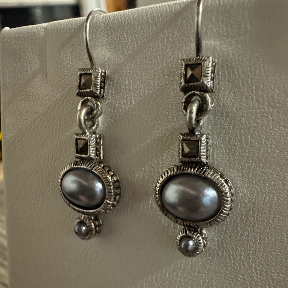 Signed LC Artisan Pearl Drop Handmade Sterling Silver Earrings Modern Vintage - Picture 2 of 8